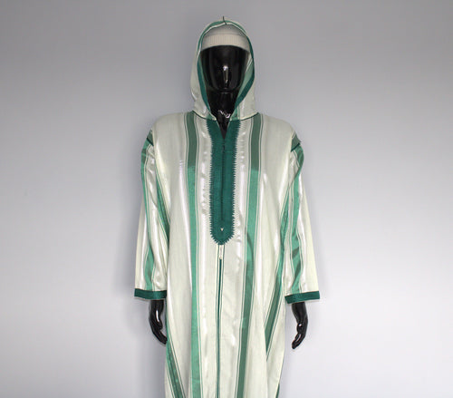 Moroccan Djellaba – Green & White Stripes