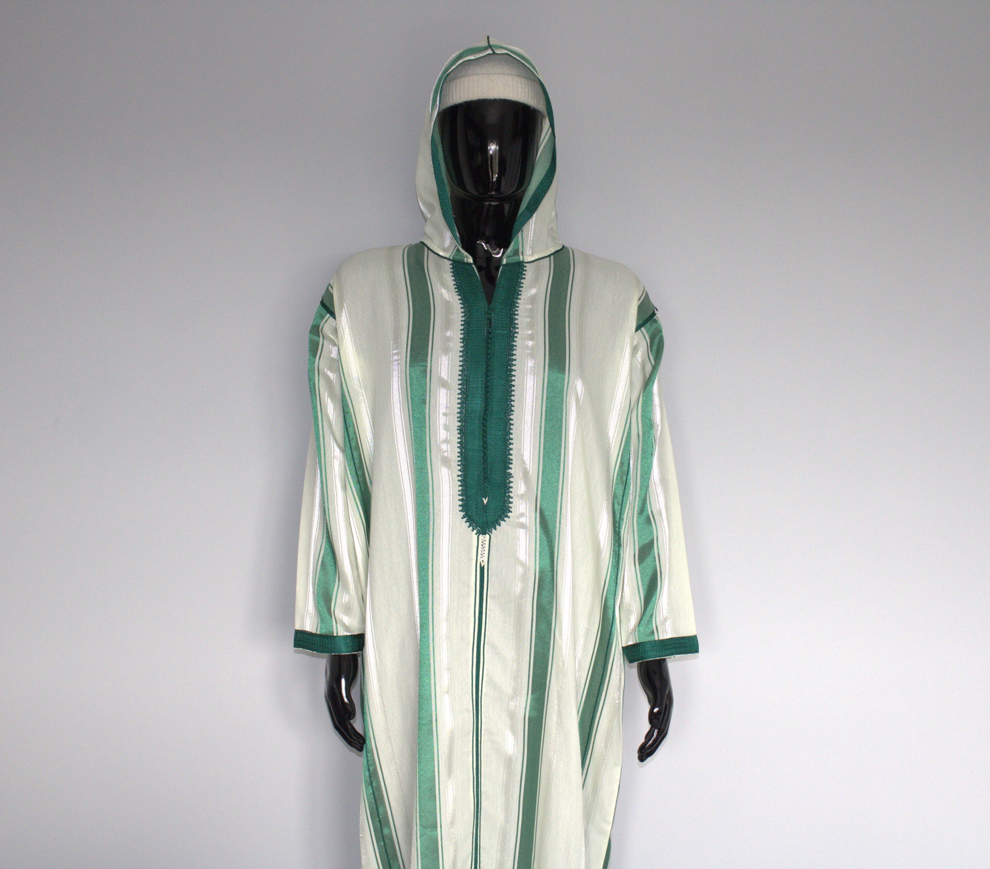Moroccan Djellaba – Green & White Stripes