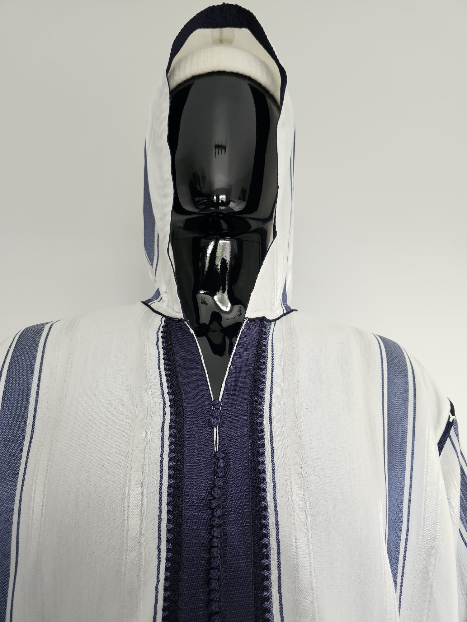 Moroccan Djellaba – White & Navy Stripes