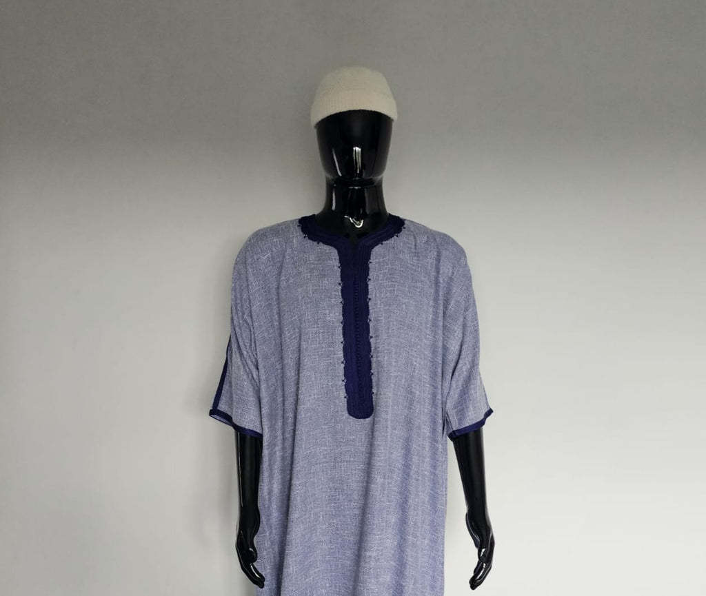 Moroccan Gandora – Blue with Navy Embroidery